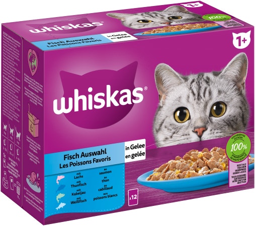 WHISKAS® Frischebeutel 85g 12 Pack Fisch Auswahl in Gelee 1+