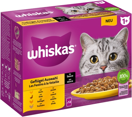 WHISKAS® Frischebeutel 85g 12 Pack Geflügel Auswahl in Sauce 1+