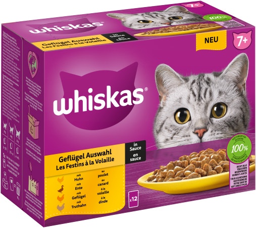 WHISKAS® Frischebeutel 85g 12 Pack Geflügel Auswahl in Sauce 7+