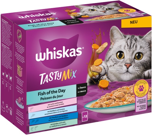 WHISKAS® Frischebeutel Tasty Mix 85g 12 Pack Fish of the Day in Sauce 1+
