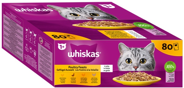 WHISKAS® Frischebeutel 85g 80 Pack Geflügel Auswahl in Gelee 1+
