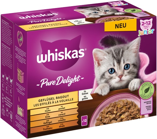 WHISKAS® Frischebeutel Pure Delight 85g 12 Pack Geflügel Ragout in Gelee Junior, 2-12 Monate