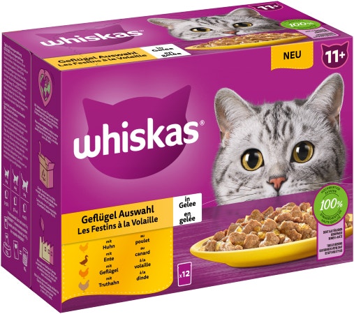 WHISKAS® Frischebeutel 85g 12 Pack Geflügel Auswahl in Gelee 11+