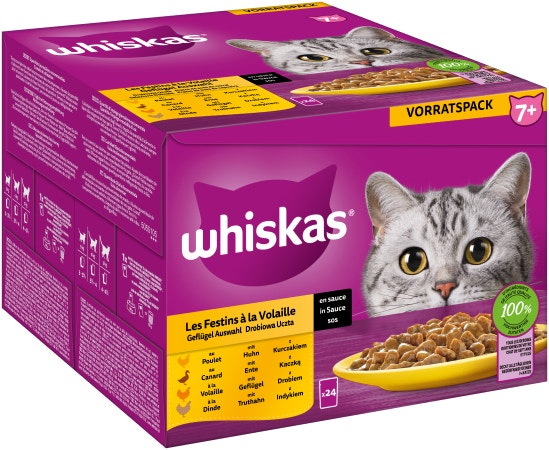 WHISKAS® Frischebeutel 85g 24 Pack Geflügel Auswahl in Sauce 7+